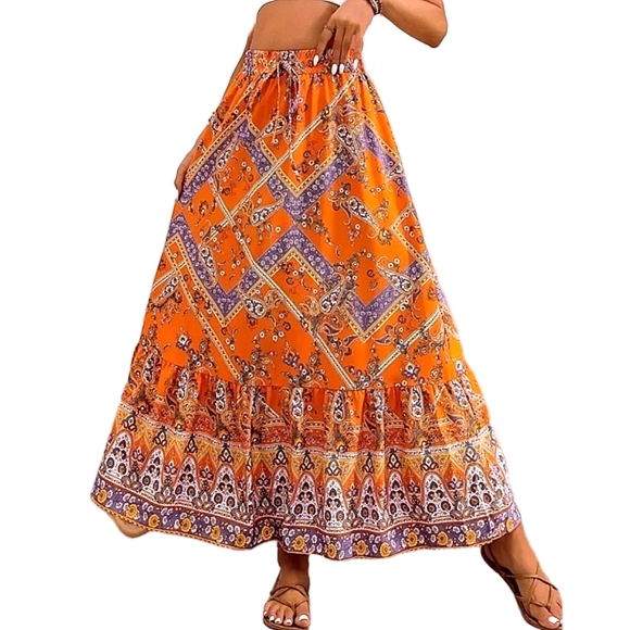 Maxi Skirt Orange Lightweight Flowy Vacay Skirts Vacation Outfit Bohemian Style - Picture 7 of 11